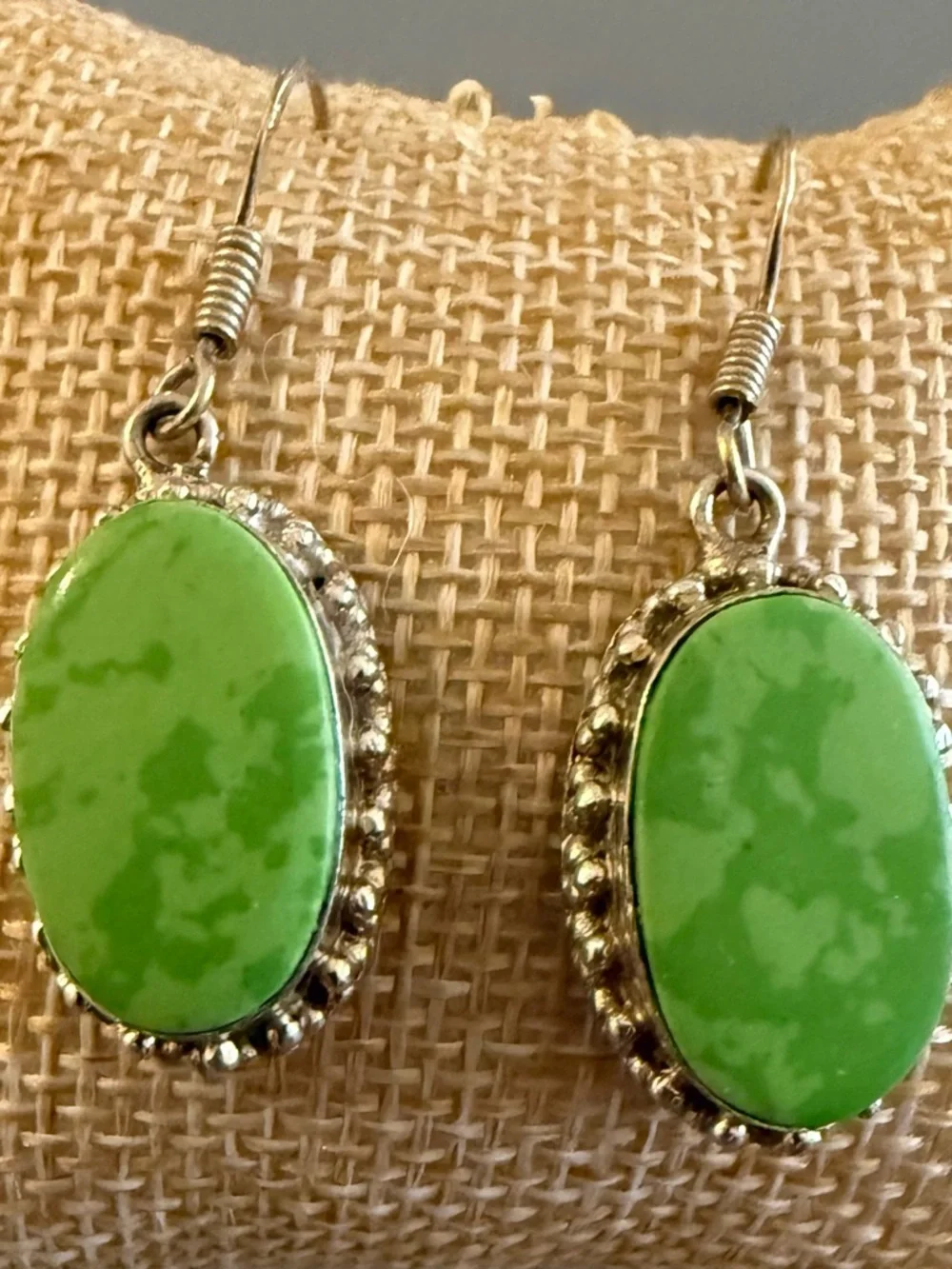 Vintage Southwestern Sterling Silver Green Gemstone Dangle Hook Earrings 925